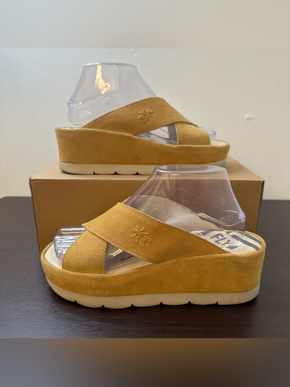 Fly London Mustard Suede Platform Slide Sandals